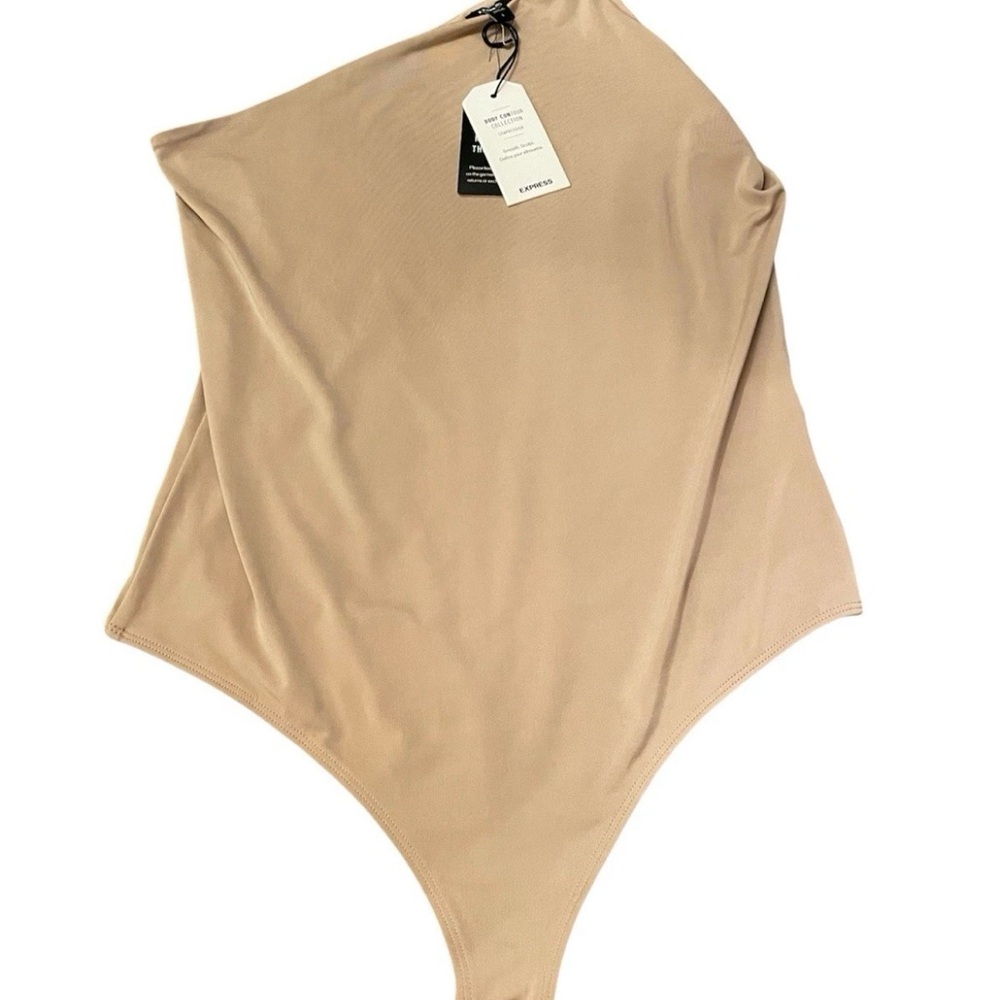 Express Body Contour Bodysuit Women’s L One Shoulder Thong Beige Neutral NWT